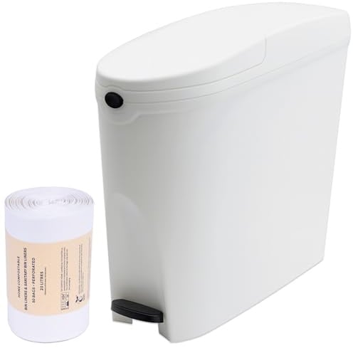 Pro Washroom Sanitary Bin 20L & 50 Bin Liners - Slimline Washrooms Toilets Hygienic Disposal Pedal Container Bins for Female Ladies and Baby Hygiene Products - 20 litres White