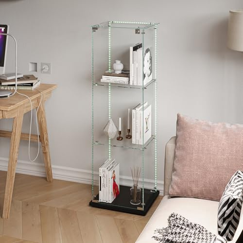 DIYHOM Vitrine sur pied en verre avec barres lumineuses LED - 3 couches avec 1 porte en verre - Pour collectionneurs - 123 x 40 x 35 cm - Noir