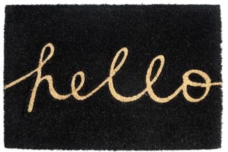 CKB LTD Black Hello Script Doormat - Welcome Natural Coir Door Mat with Non Slip PVC Backing, Indoor Outdoor, Front Back, 60 x 40cm