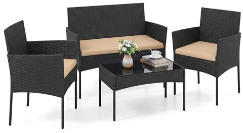 COSTWAY Rattan Gartenmöbel Set, Outdoor Lounge Möbel, Balkonmöbel Kleiner Balkon, Sitzgruppe mit 2 Stühlen, Bank, Tisch & Kissen, Sitzgarnitur, Terrassenmöbel, Gartengarnitur (Khaki)