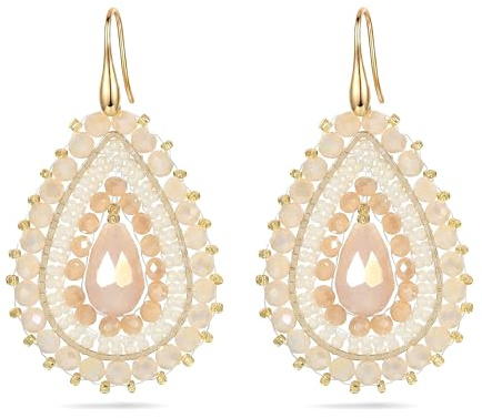 Beige Perlen Tropfenohrringe für Damen Boho Statement Hängeohrringe, Handgefertigte Trendige Ohrringe Sommerschmuck Geschenk