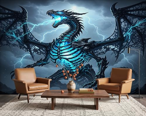 PaxGloz Gaming Room Dragon Wall Mural, Blue and Grey Fantasy Wallpaper for Living Room & Bedroom, Non-Woven Decorative Wall Art 200x140 cm