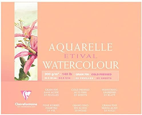 Clairefontaine 96471C Aquarellblock Etival (4-seitig verleimt, 25 Blatt, 300g, für alle Nasstechniken geeignet, feinkörnig, 100% Zellulose, 24 x 30 cm) weiß