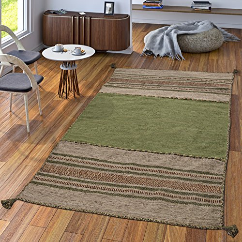 TT Home Handwebteppich Wohnzimmer Natur Webteppich Kelim Modern Baumwolle Streifen Grün, Größe:240x340 cm
