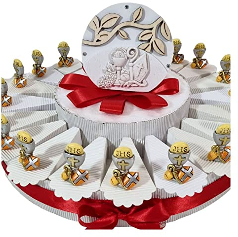 Torta bomboniere Comunione e Cresima insieme con gocce in resina con immagini sacre calice con ostia (Torta da 20 fette (1 piano))
