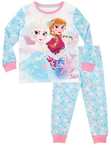 Disney Pyjama Fille | Ensembles de Pyjama Elsa Reine des Neiges | Pyjamas Frozen à Manches Longues | Princesse Pygama pour Enfants Bleu 7 a 8 Ans