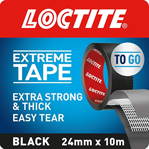 Loctite 2505718 Extreme Tape, Extra-Strong Adhesive Tape, Extra-Thick Waterproof Black Tape, Easy-Tear Duct Tape for Tough Repairs, Black, 24mm x 10m