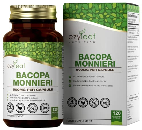 Ezyleaf Bacopa Monnieri 500 mg Integratore Alta Potenza Bacopa | 120 Capsule | Estratto Ayurvedico Brahmi | Vegano, Non-OGM Senza Allergeni e Glutine | Prodotto in UK
