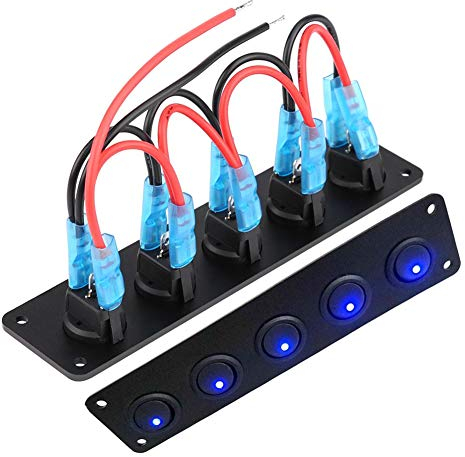 Panel Interruptor 12V, 5 Bandas Panel de Control de un Interruptor Coche de Palanca para Barco Yate Marino Impermeable Azul Panel LED 12-24V