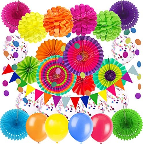 ZERODECO Party-Dekoration, mehrfarbige Papierfächer, Pompons, Blumen, Girlanden, Konfetti, Latex-Luftballons, Schnur, gepunktet, dreieckige Wimpelkette für Geburtstag, Cinco De Mayo Fiesta,