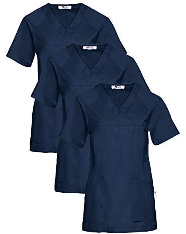 CLINIC DRESS Schlupfkasack 3er-Pack Damen Kasacks für Pflege Ärzte und Ärztinnen Praxisteam V-Ausschnitt Raglanärmel 95 Grad Wäsche Navy, XXL