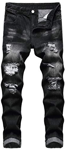 QIMYUM Jeans Strappati da Uomo, Pantaloni in Denim a Gamba Dritta con vestibilità Aderente, rovinati, 48