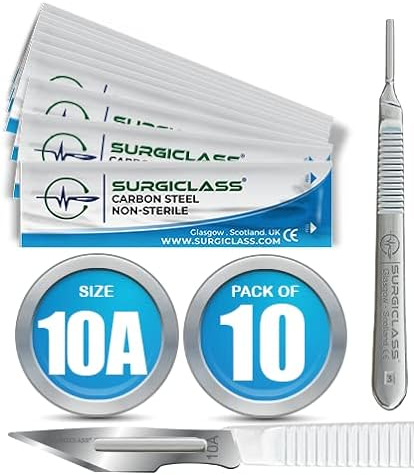 Scalpel Blades # 10A Carbon Steel Non Sterile Scalpel Surgical Blades Pack of 10 and Steel Handle for Wood Art, Surgical, Sculpting, Repairs, Lab Anatomy, Sign, Card Making Lab Training SURGIBL10A-10