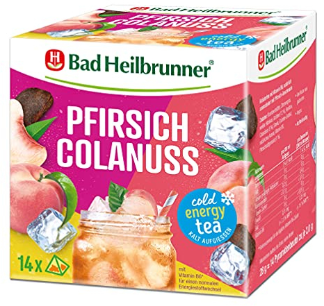 Bad Heilbrunner Cold Energy Tea Pfirsich Colanuss - im Filterbeutel - Colanuss, Pfirsichsaftgranulat - kalt aufgießen - mit Vitamin B6 für einen normalen Energiestoffwechsel (6 x 14 Pyramidenbeutel)