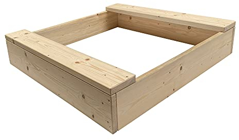 Clamaro 'Basic' Holz Sandkasten 80 x 80 cm extra stabil aus Fichte Massivholz Bohlen (26mm stark, unbehandelt), 2 Sitzflächen mit abgerundeten Kanten, verzinkte Schrauben - 100% Made in Germany