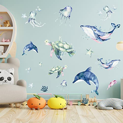 Mulaibdin 33 Stück Wandtattoo Kinderzimmer Meerestiere, Wandtattoo Badezimmer Unterwasserwelt Tiere, Deko für Badezimmer Wandaufkleber, Wale Haie Schildkröten Wandsticker Babyzimmer