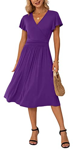 GRECERELLE Robe d'été pour femmes, robe portefeuille décontractée à manches courtes à volants, col en V, motif floral, pour la plage, Violet (04), XXL