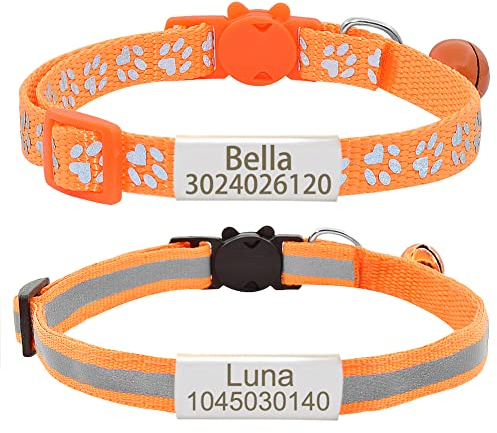 Senristar Personalisierte 2 Pack Reflektierende Katze Halsband, Benutzerdefinierte Breakaway Katze Halsbänder mit Namensschild und Glocke, Anti-Verlust Namensschild für Mädchen & Jungen