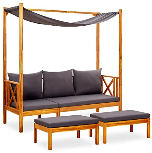 ZQQLVOO Gartenbank mit Überdachung Sitzgruppe Terrassenmöbel, Gartenbank mit Sonnendach und Fu?hockern Massivholz Akazie,Veranda, einfach zu montieren, eine Gute Wahl für den kommenden Sommer