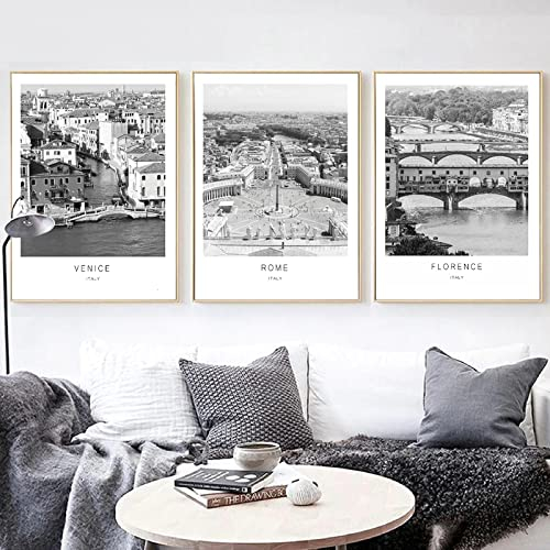 Schwarz Weiß Reise Poster Venedig Florenz Rom Italien Fotografie Druck Italien Städte Wandkunst 3 Stück Leinwand Gemälde Bild Wohnkultur 30Cmx40Cm Kein Rahmen