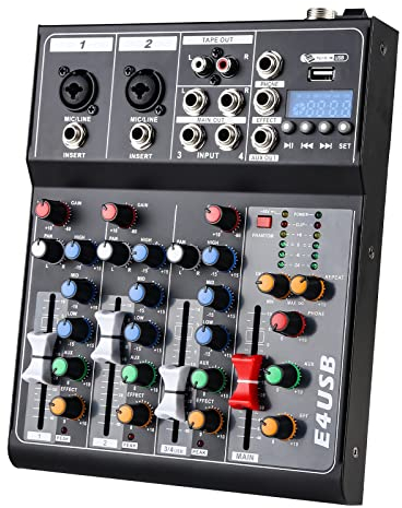 Mixer audio professionale, console con interfaccia di sistema a 4 canali, USB, Bluetooth, MP3, alimentazione phantom 48 V, stereo da studio DJ, processore per streaming FX Reverb/Delay
