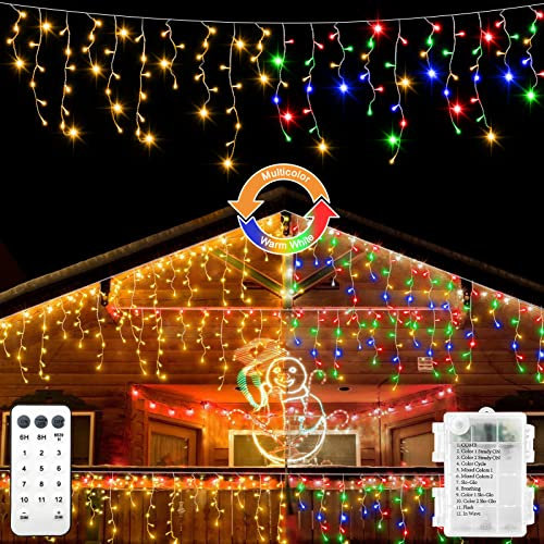 Guirlande Lumineuse de Noël en Forme de Stalactites à Piles 102 LED à Changement de Couleur Avec Télécommande Étanche Pour Noël Mariage Vacances Décoration de fête (Blanc Chaud et Multicolore)