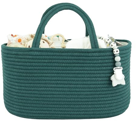 XUANGUO Großer Windelbehälter für Mädchen und Jungen, Aufbewahrungskorb mit Seil für das Kinderzimmer, tragbarer Halter, Tragetasche für Wickeltisch, Auto, Reisen, Babyparty-Geschenke, dunkelgrün