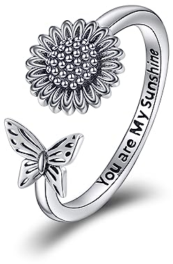YFN Sonnenblume Schmetterling Ring Sterling Silber Vintage Einstellbare Sonnenblume Ring Schmuck Geschenke für Damen Mädchen