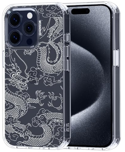 MOSNOVO Case for iPhone 15 Pro, [Buffertech 6.6ft Military-Grade Drop Protection] [Anti Peel Off Tech] Clear TPU Bumper Phone Case Cover Design - White Dragon