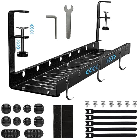 Unter dem Tisch Kabelmanagement-Rack, Kabelkanal Schreibtisch, Einziehbar 30,5-55CM Kabelmanagement unter dem Schreibtisch, Metall Kabelhalter Kabelwanne Kabel Organizer Tisch, Kabelkorb
