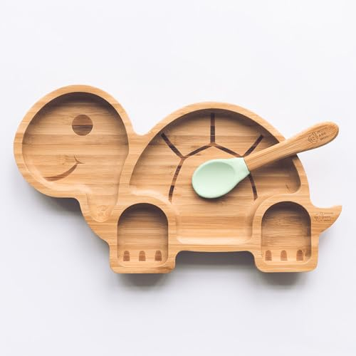 Moon and Moo Assiette à Ventouse en Bambou pour Enfants et Bébés - Non Toxique, Sans Plastique - Reste en Place - Ensemble de Sevrage (Vert)