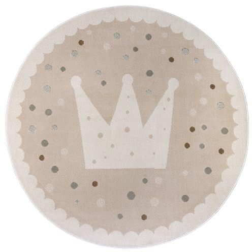 Hanse Home Adventures Kinderteppich Rund - Krone Muster Teppich Junge Mädchen für Kinderzimmer, Spielzimmer, Jugendzimmer, Wohnzimme - Beige Creme, 140cm