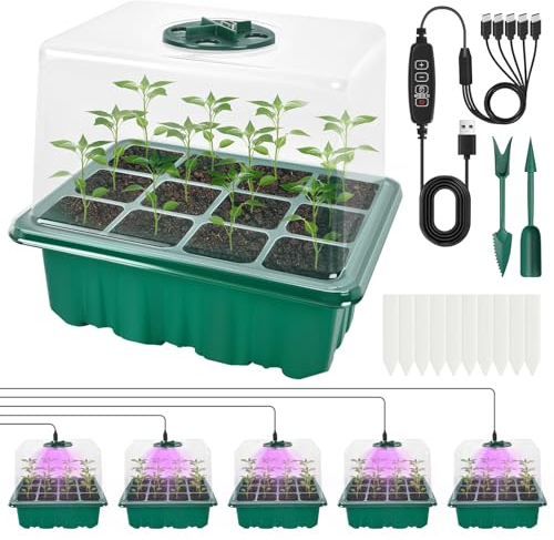 IEEILULU Vassoio Germinazione con Lampada per Piante, 5 Pezzi Mini Serra Germinazione per Piante, Vassoio Germinazione dei Semi con Coperchi Alto, Set per Coltivazione per Piantine Serre e Giardini