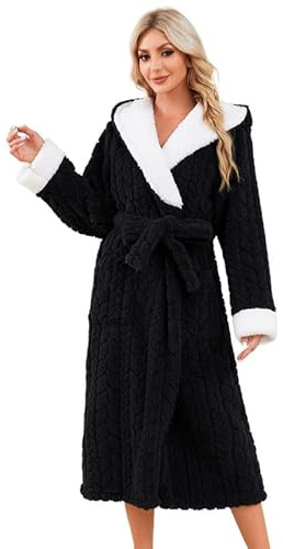 LYCY Damen Plüsch Bademantel Lang mit Kapuze, Hausmantel Flauschig mit Taschen & Gürtel, Warm Weich Fleece Morgenmantel Robe für Zuhause, Wellness & Urlaub