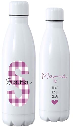 Botella termica personalizada con inicial y nombre, botella regalo dia de la madre, regalo para mama (CIRUELA)