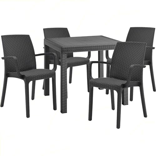 Sicignano | Set 5 Pezzi, 4 Sedie con Braccioli + 1 Tavolo Quadrato Rattan - Impilabile, Resistente agli UV, Arredo Interno Esterno Bar Pub Giardino Terrazzo, Made in Italy (Antracite)