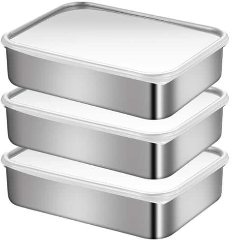 WIYETY Edelstahl Frischhaltedose mit Deckel: 3 Stücke Brotdose Edelstahl mit Deckel 1.2L, Gefrierbehälter, Lebensmittel Aufbewahrungsbox, Stapelbare Edelstahl-Box für Fleisch Käse, Spülmaschinenfest
