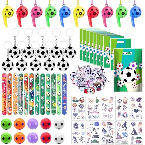 HOVIBU 112 Pcs Fußball Party Mitgebsel Kinder, Geschenke Kindergeburtstag Mit Taschen, Schlüsselanhänger, Schnapparmband, Sticker, Spinning-Fußball, Für Junge Und Mädchen