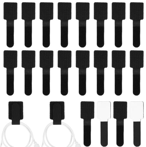 20 Pcs Reusable Cable Labels - Black Cable Ties with Hook and Loop Sticky-Back Cord Organizer Adjustable Straps Fastener for Office Home Appliances