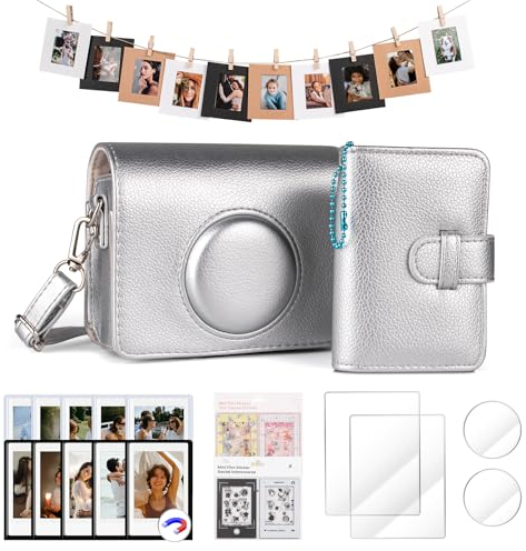HIYQIN Mini EVO Camera Case and Accessories Bundle, for Fujiifilm Instax Mini EVO Leather Case/Screen & Lens Protector/Photo Album/Magnetic Frames/Hanging Frames/Stickers - Silver Case