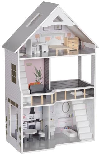 AIYAPLAY Puppenhaus aus Holz, 3-stöckiges Dollhaus mit 13 Möbelstücken und Zubehör, 85,3 cm Hoch Spielhaus für 3-6 Jahre Kinder, Grau