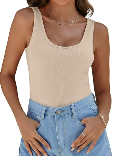 Aottori Tank Top Damen Ärmellos Rundhals Basic Shirt Gerippt Sexy Obertiele Baumwolle Sommer Weste Ribbed Tops Beige S