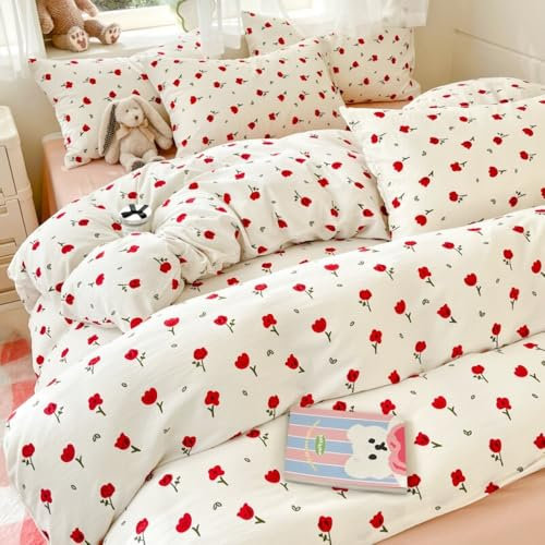 Michorinee Single Duvet Cover Set White Red Roses Pattern Vintage Floral Bedding Set with Zipper Closure 110g/㎡ Soft Washed Microfibre Aesthetic Flower Romantic Quilt Cover with 1 Pillowcase 50x75 cm