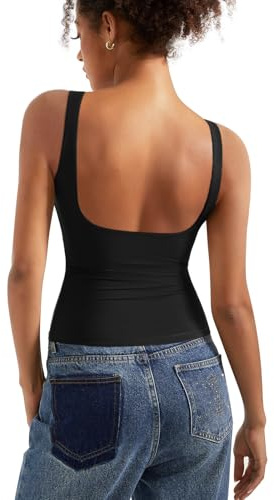 SUUKSESS Women Padded Open Back Boat Neck Tank Top Double Lined Basic Shirt