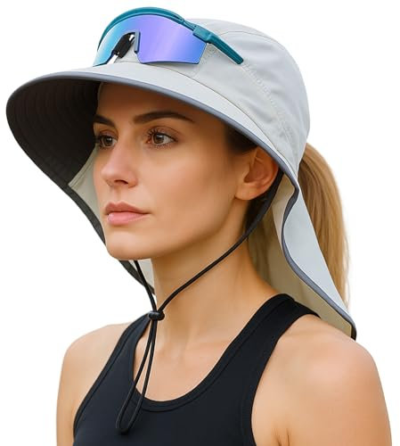 TOP-EX Pferdeschwanz Sonnenhut Damen mit Nackenschutz Sonnenschutz SPF 50 Sommerhut Breite Krempe Gartenhut Outdoor Fischerhut Wasserdicht & Faltbar Grau X-Large