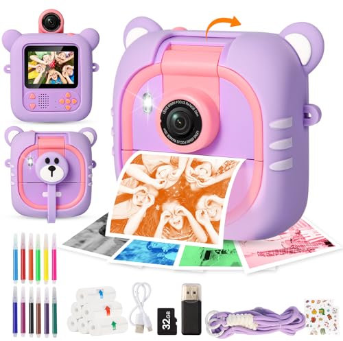 ARNSSIEN Camara Fotos Infantil Instantanea,7 Papeles (4C: Rojo/Naranja/Azul/Verde + 3 BN),2.4 Camara Fotos Infantil con 1080P & 180° Lente & 32GB, Regalo Navidad/Cumpleaños para Niños & Niñas, M2