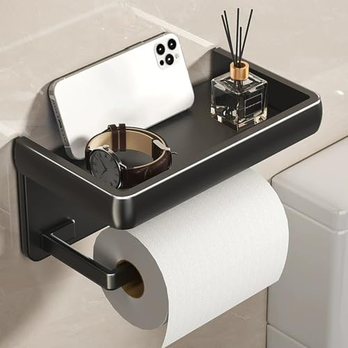 Toilettenpapierhalter ohne Bohren Wc Halter mit Ablage Klopapierhalter Klorollenhalter Toilet Paper Holder Papierhalter für Badzimmer Toiletten Selbstklebend Oder Bohren Schwarz