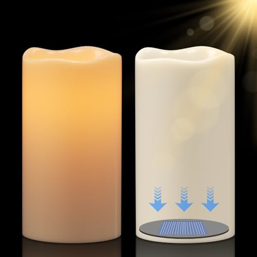 Eldnacele Solar Kerzen Outdoor wasserdicht, 2er Set, Ø 7,5 × 15 cm | Solarkerzen Outdoor, LED Kerzen Outdoor, Dämmerungssensor, flackernde Flamme, Kunststoff, Creme, Garten, Terrasse