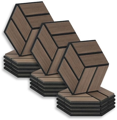 Homestyle4u 15 Stück Hexagon Akustikpaneele 30x26x2 cm Braun Schallschutz Wandpaneele Akustische Behandlung Wanddekoration