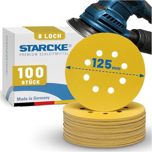 STARCKE® Langlebige Schleifscheiben 125mm Klett - MADE IN GERMANY [50x/100x] - 8-Loch Exzenterschleifer 125mm Schleifscheiben - für Holz, Farbe, Lack, Spachtel, Kunststoff (P400,100x)